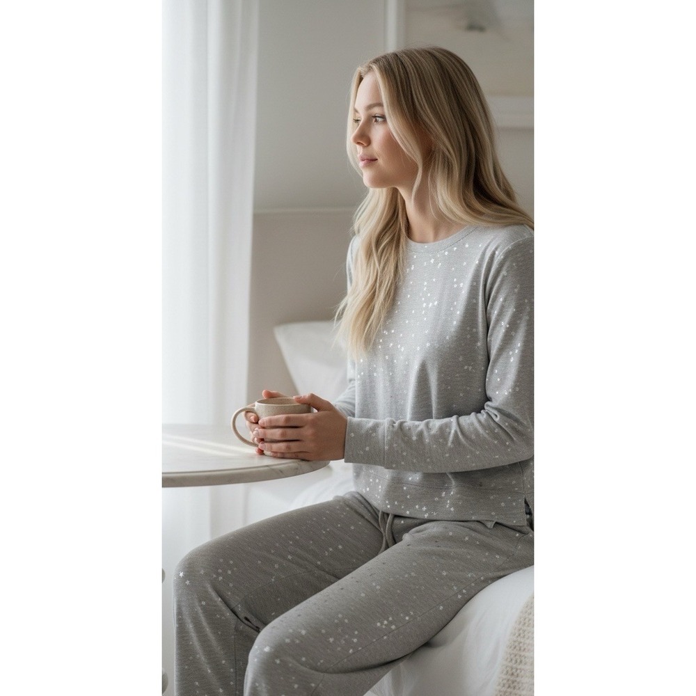 Cupio Blush Knit Pullover Lounge Set S Gray Stars Top Pants Cozy Comfort Sparkle